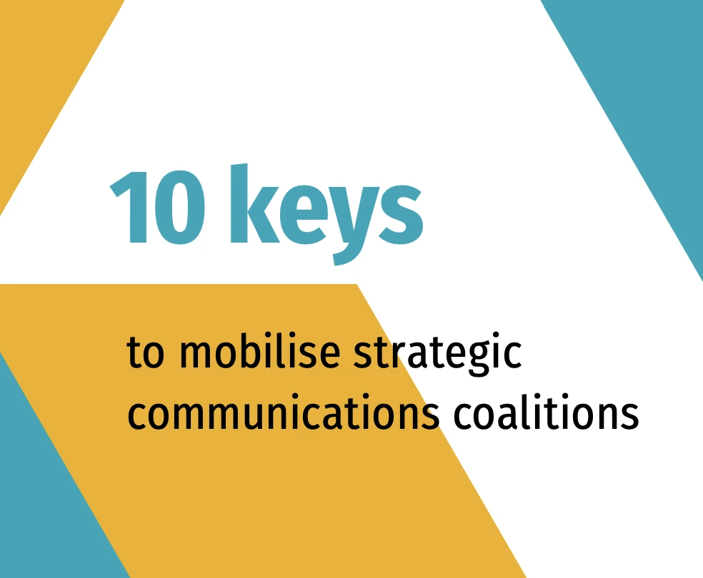 Title reads '10 Keys to Mobilise Strategic Communications Coalitions'.