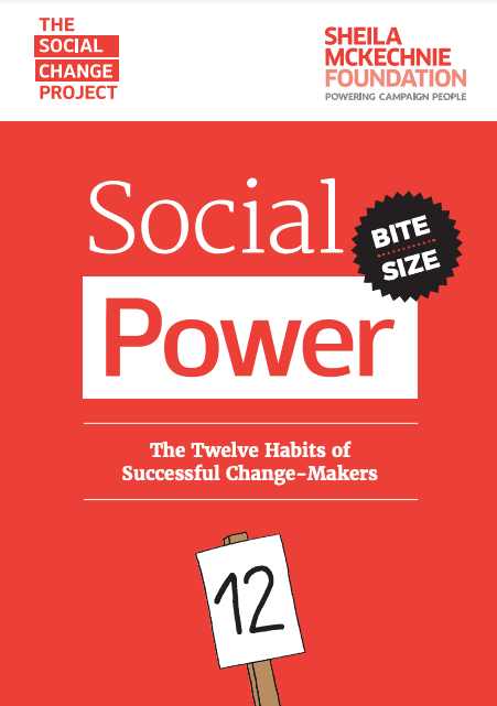 Report cover Text reads Social Power: 12 Habits of Successful Change-Makers. Illustration of a banner holding a piece of paper with the number 12.|illustration of a box with an arrow pointing to two footprints with text - step outside your box to reflect