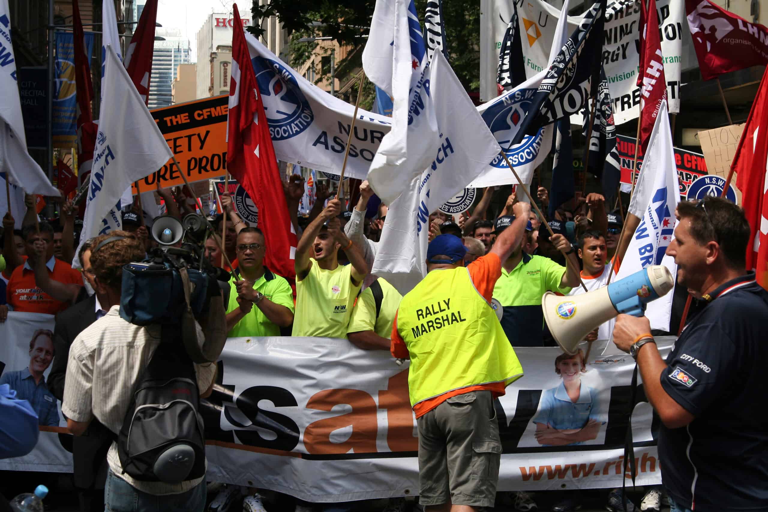 Protestors on street with banners