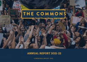 Front cover of the Commons Library Annual Report. A crowd of young climate activists have their arms above their heads and they are looking upwards and smiling. They are keeping a large inflatable ball that looks like planet Earth in the air.