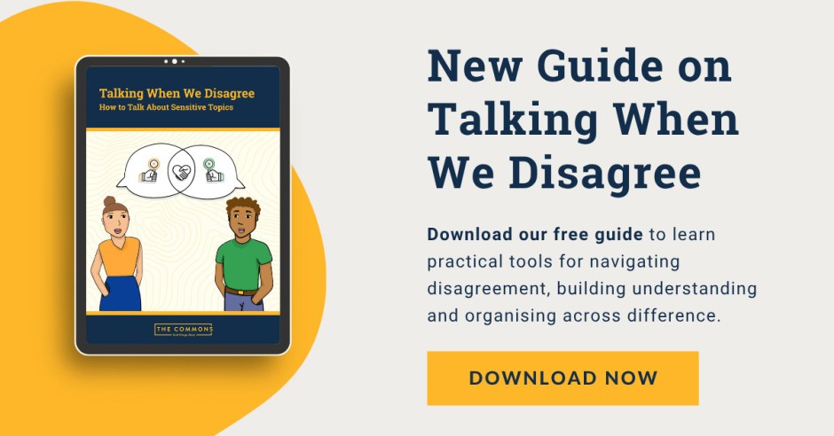 Graphic promoting a new guide on talking when we disagree. On the left, an iPad displays an illustration of two people having a conversation. On the right, text reads new guide on talking when we disagree above a yellow download now button.