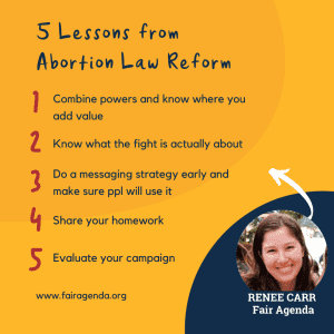 A square graphic titled '5 Lessons from Abortion Law Reform'. The lessons are listed: 1 Combine powers and know where you add value; 2 Know what the fight is actually about; 3 Do a messaging strategy early and make sure ppl will use it; 4 Share your homework; 5 Evaluate your campaign. In the bottom right hand corner there is a photo of Renee Carr smiling.