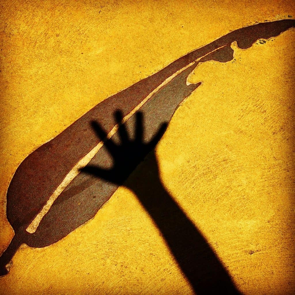Photograph of a gum leaf design in the pavement with the shadow of a hand over it.