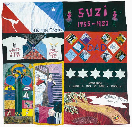 Sewn panels from the Australian AIDS Memorial Quilt. Includes names and dates eg Suzi 1955-1987; Charles 1941-1986.