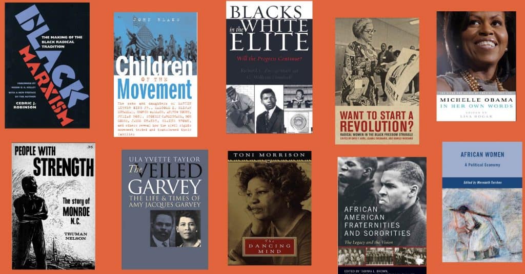 A collection of book covers for Black History Month including Michelle Obama and Toni Morrison
