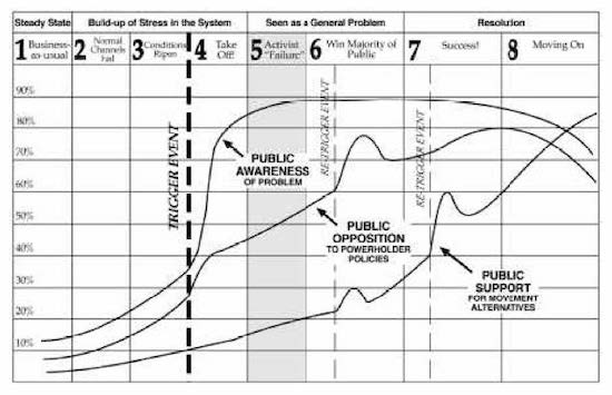 A diagram of the eight stages of social movements