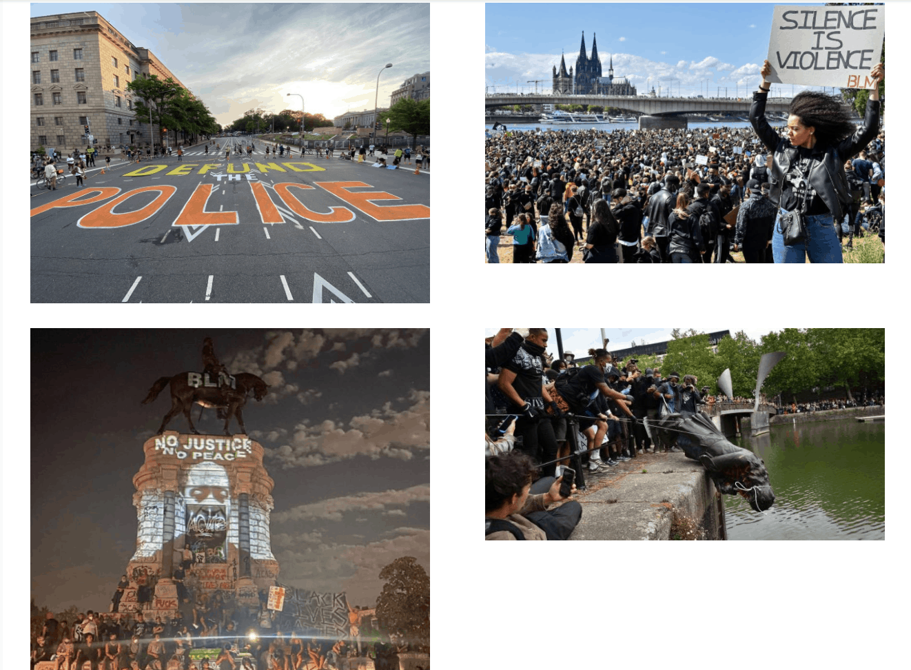4 images of protestors at Black Lives Matter protests in 2020 in the US|'Defund the Police' painted on a road.