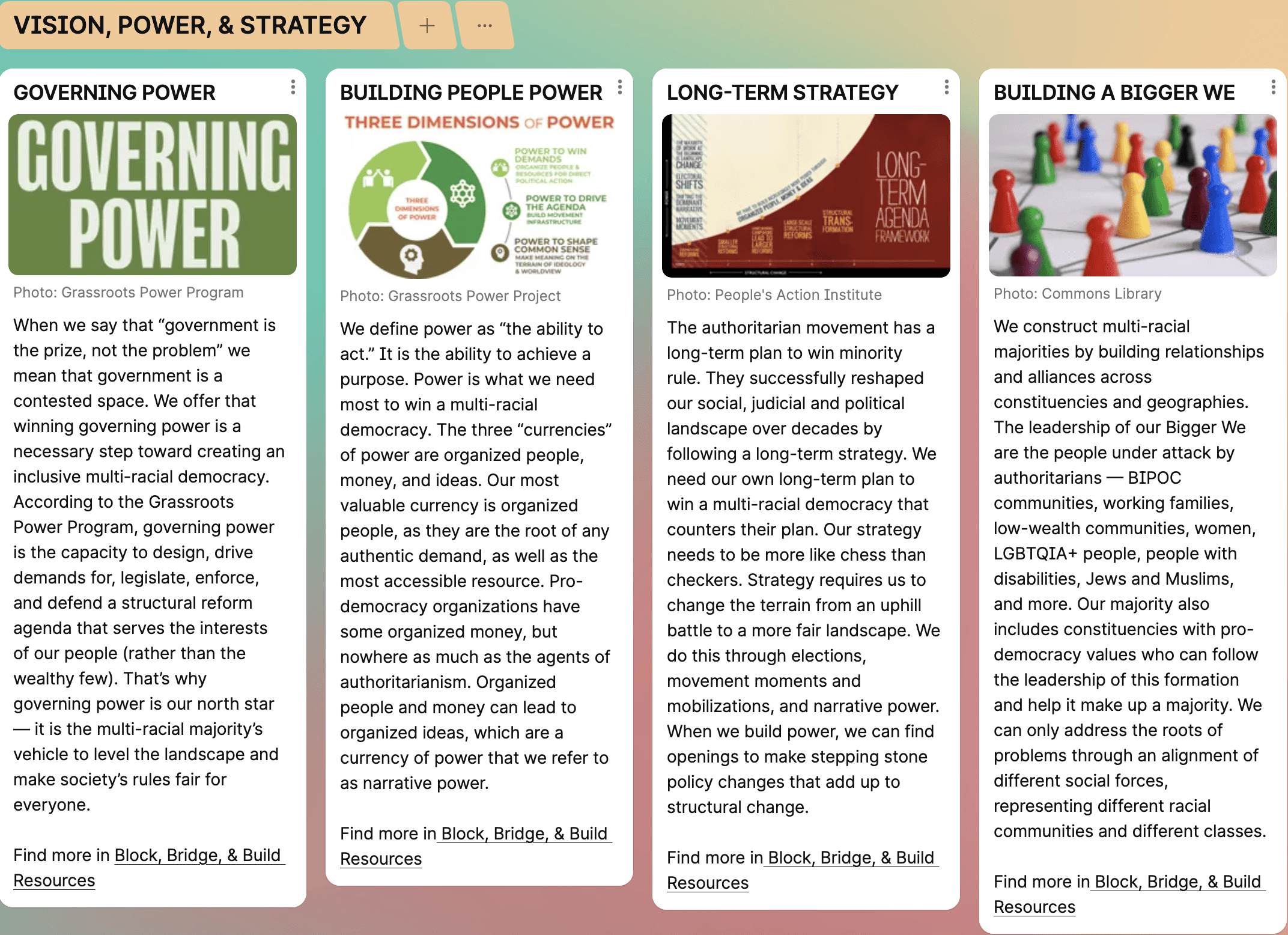 Screenshot of website 'Block, Bridge and Build: Playbook for an Inclusive Multi-Racial Democracy'. There are four columns featuring four different resources. There is an image at the top of each column with text.