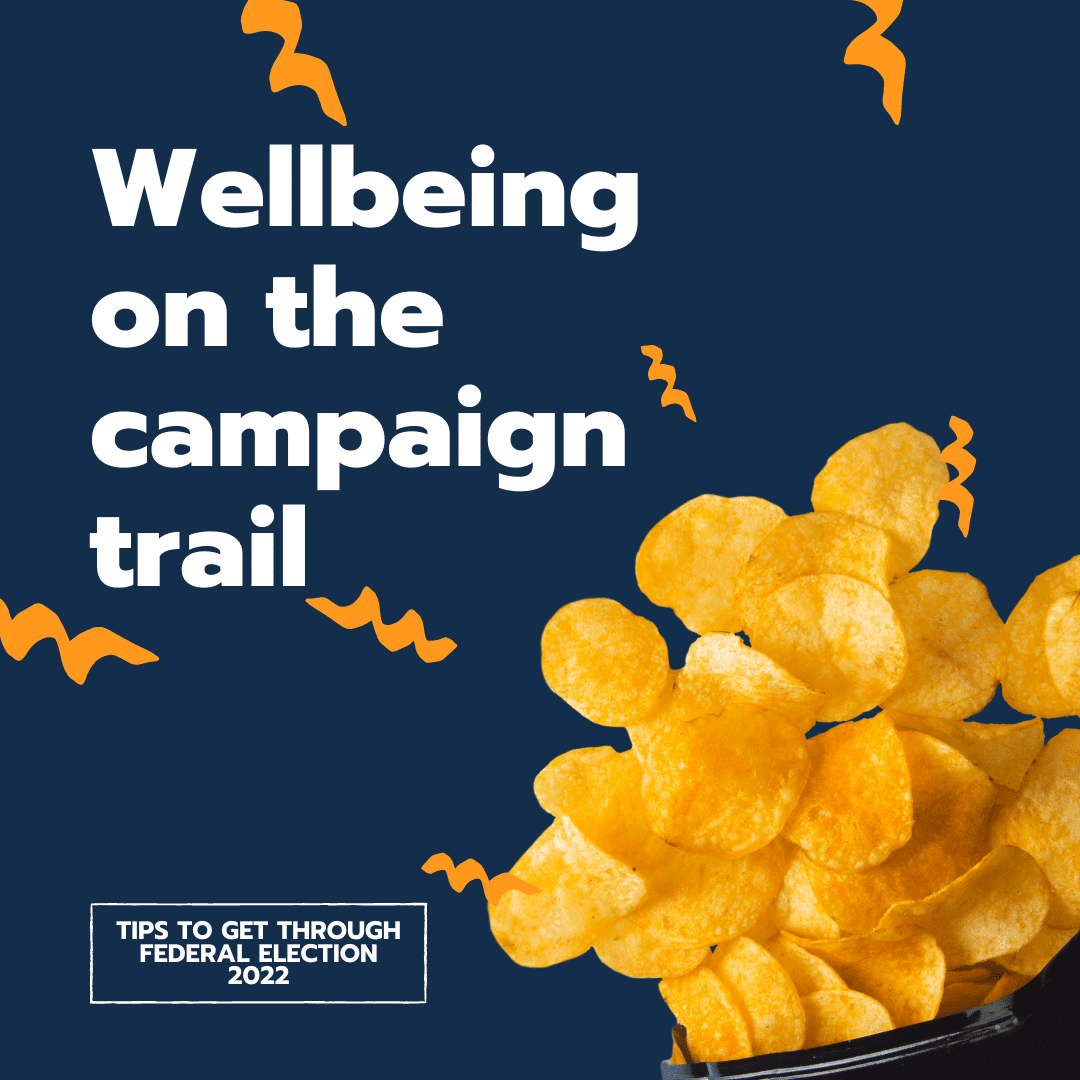 Text: Wellbeing on the Campaign Trail. Image: A packet of crisps spills out against a navy blue background.|A screenshot of the Bingo sheet which can be downloaded.