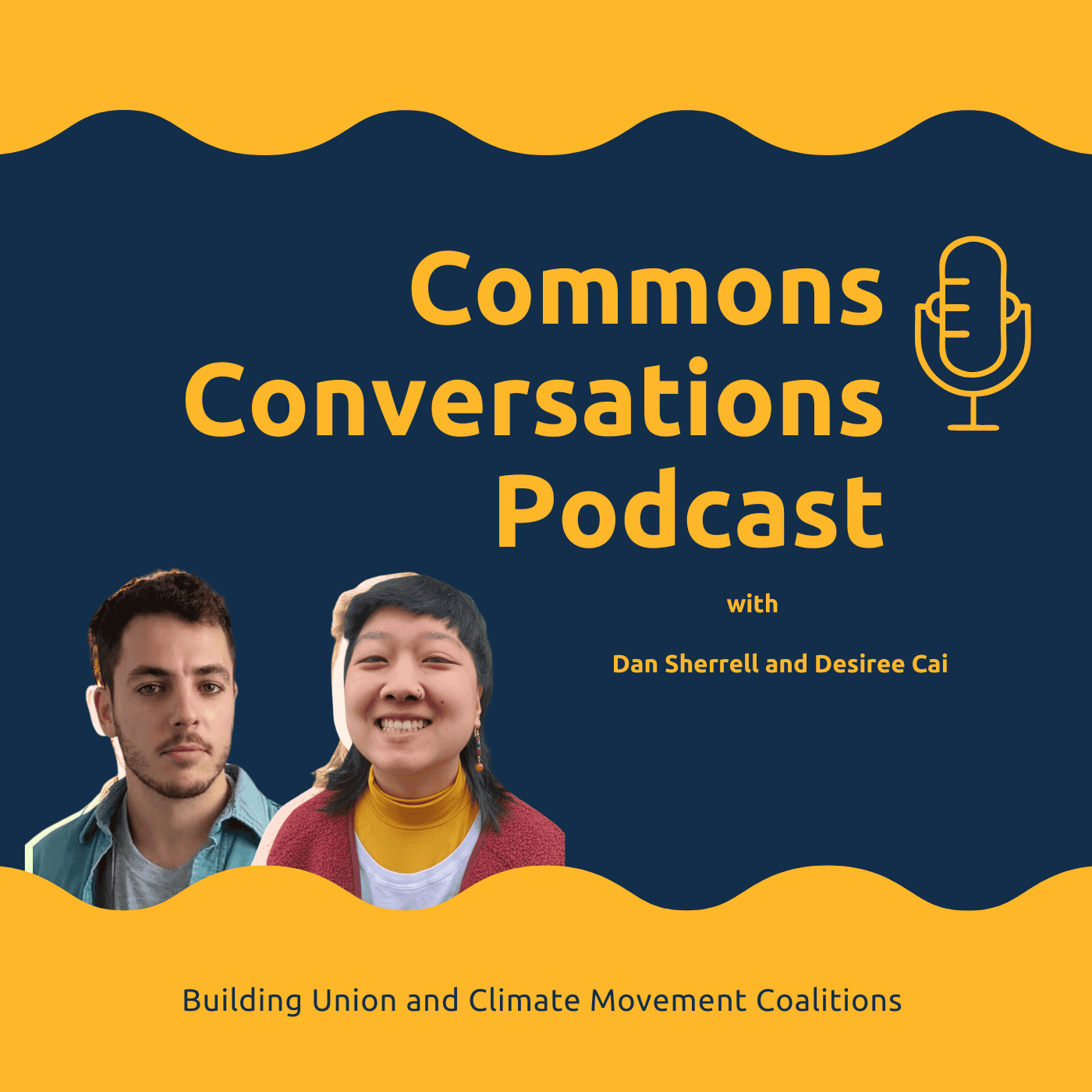 Graphic includes photographs of Dan Sherrell & Des Cai at the words 'Commons Conversations Podcast'