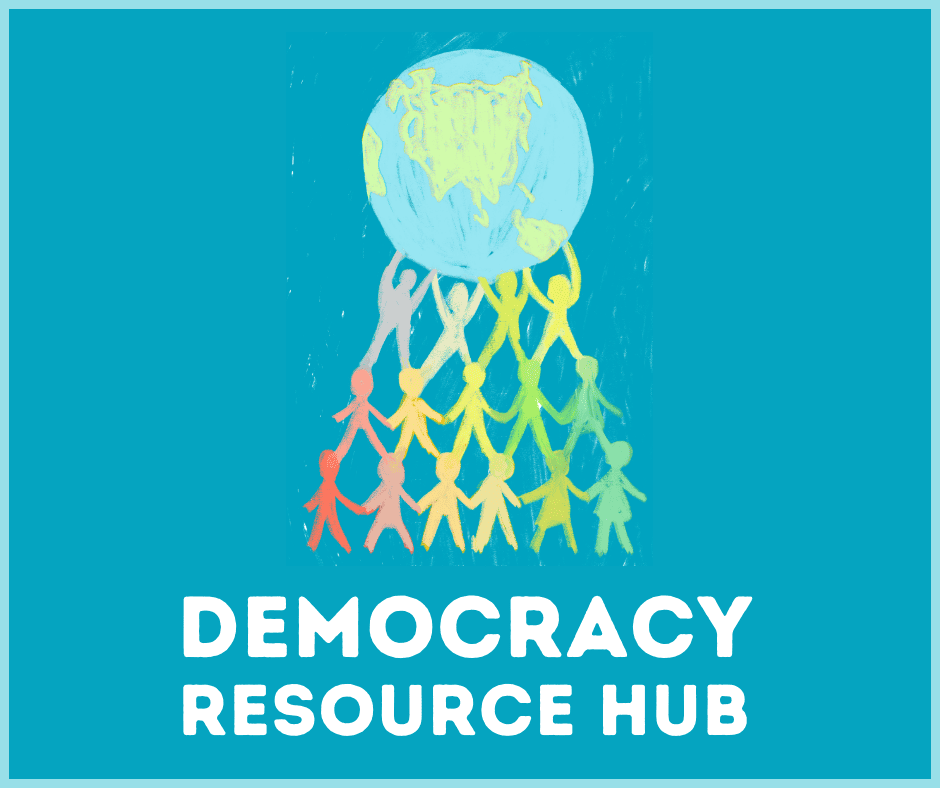 Democracy Resource Hub logo. Text reads 'Democracy Resource Hub' in white capital letters on turquoise background. Illustration of people in different colours standing on each others shoulders in a pyramid formation holding up the world. The illustration is by Veronika Belcheva (CC-BY-NC-SA)