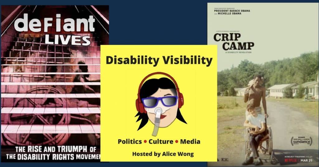 Three covers of resources on disability justice including the movie covers for Crip Camp and Defiant Lives and the podcast Disability Visibility