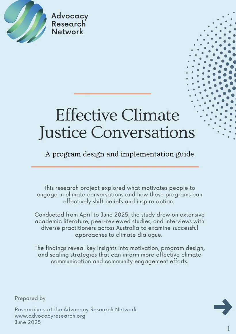Report cover - title reads 'Screenshot of page from research report titled 'Effective Climate Justice Conversations A Comprehensive Research Report".|Screenshot of page from research report titled 'Effective Climate Justice Conversations A Comprehensive Research Report".|Screenshot of page from research report titled 'Effective Climate Justice Conversations A Comprehensive Research Report".|Screenshot of page from research report titled 'Effective Climate Justice Conversations A Comprehensive Research Report".
