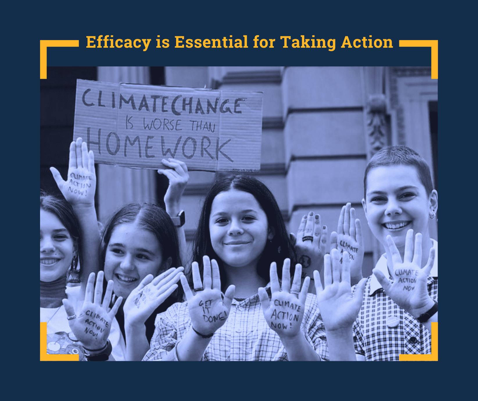 A group of school girls in school uniforms smiling and holding up hands with text written on them. One is holding a cardboard sign at the back that reads 'Climate change is worse than homework'.|5 concentric circle representing the Circle of Commitment. Each one is a different colour and has an arrow with a label. Starting from the outside in the labels read 'Community targets