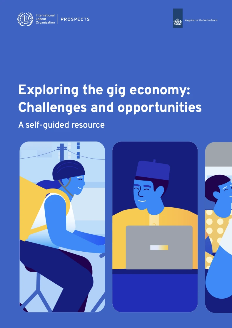 Report cover - title reads 'Exploring the gig economy: Challenges and opportunities A self-guided resource'. 3 people doing different work. One is riding a bike with a food delivery pack on their back. One is working on a laptop.