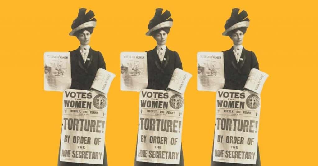 Vida Goldstein, a woman wearing a hat and a black coat holding pieces of paper. The main one at the front resting on the lower half of her body reads Votes Women. Torture! In order of Home Secretary