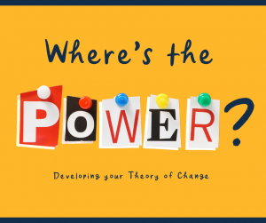 Text reads Where's the power? Developing your theory of change. The words power are cut out letters pinned with colourful pins.