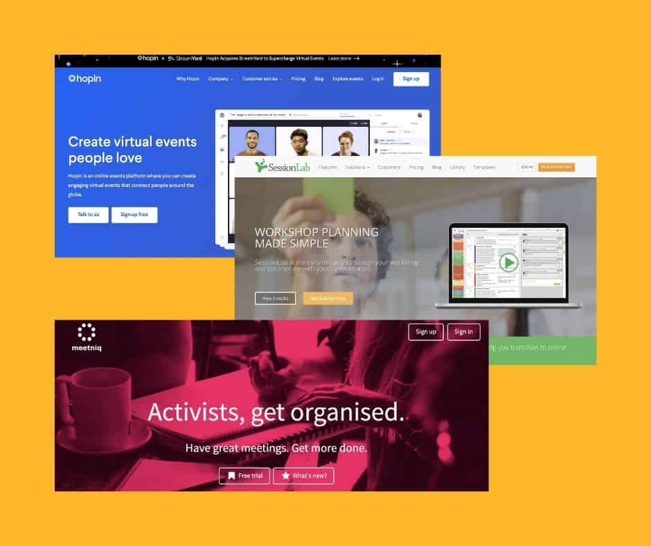 |||screenshot of Hopin website. Webscreen showing headshots of people on video.||mobile phone|sesh userinterface|gather town website interface features pixelated aerial view of street and a row of people talking on video with their headphones on|a male and female student are looking at a book together||