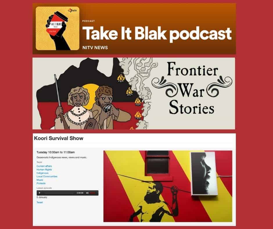 |An illustration of a black hand holding a take away coffee cup that says Take it Blak Podcast||Protestors at Survival Day protest marching on street with banners and Australian Aboriginal flags|Painting on wall of an Australian Aboriginal man holding spear above his head. The man is facing away from a black and white portrait photograph of an Australian Aboriginal man.|Protestors marching on Survival Day holding banners and Australian Aboriginal flags|Two Aboriginal men sitting together smiling. One man has his arm around the other|Podcast cover - Text reads 'Always was