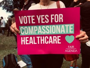 A close up photo of a placard held at a rally. The placard is printed with a red background and white and green text reading 'Vote Yes for Compassionate Healthcare'.