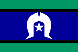 The flag of the Torres Strait Islands. It features a white Dhari (traditional headdress), with a five-pointed white star beneath it. The background is dark blue, with green stripes at the top and bottom of the flag.