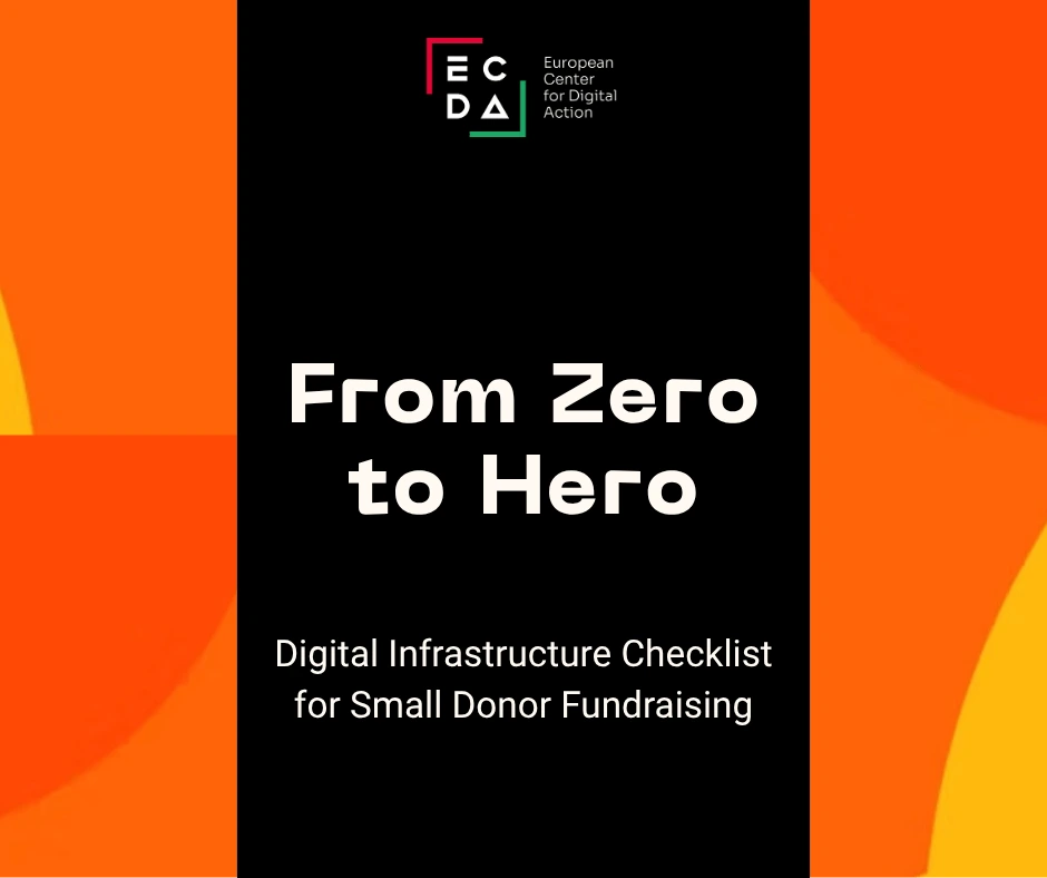 Title reads 'From Zero to Hero: Digital Infrastructure checklist for small donor fundraising'. ECDA logo top centre. Orange and yellow abstract circle background.|Form with title 'Stray cat support network'. Illustration of two little cats. Text reads 'Sign the petition to support the mandatory rehoming and care for stray cats.' On the right is a form with 5 fields to fill in with a button.