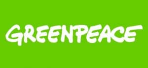 Greenpeace logo: White capital letters read 'GREENPEACE' against a bright green background.