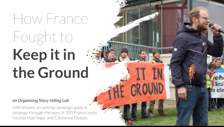 Slide presentation - Title reads How France Fought to Keep it in the Ground. Protestors are holding a large red banner that reads Keep it in the ground.|five photos of nonviolent action in protests in France. Text reads 'Each day saw a wide range of nonviolent actions used: die-ins