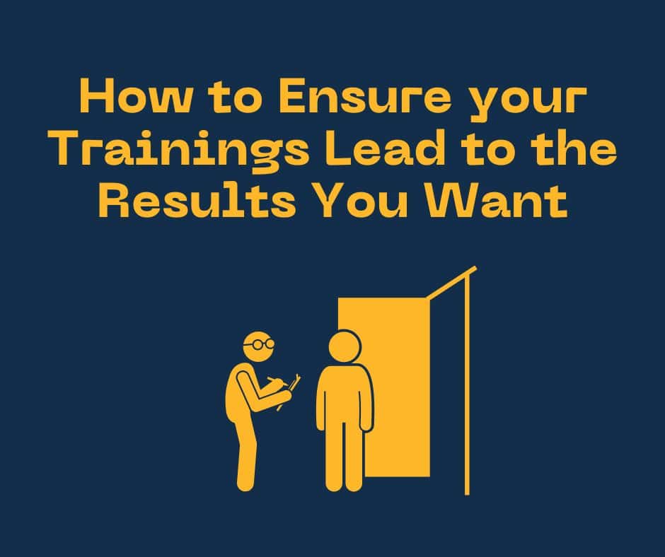 Title reads 'How to Ensure your Trainings Lead to the Results You Want'. Basic icons of person wearing glasses with clipboard talking to another person standing outside their door. The image is representing election canvassing.