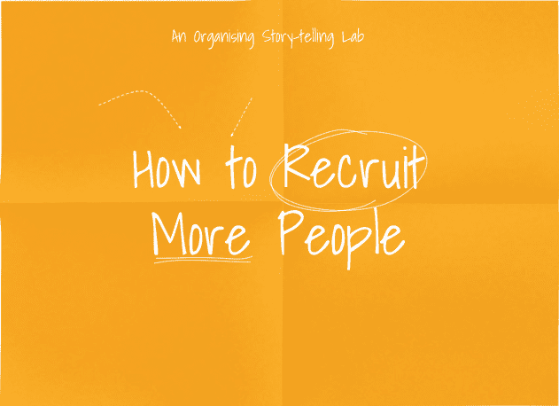 Screenshot of a presentation title slide. The heading reads 'How to recruit more people.' There is a oval around the word recruit and a line under more. At the top in smaller writing it reads 'An organising storytelling lab'.||screenshot of a video with logo of 350.|Two portrait photos of Rukiya and a young man asking her a question which reads 'We're talking about recruitment and we hear you getting recruited. What made you say yes to fighting the planned Coal Plant in your hometown of Lamu?' There are two photos of: Rukiya's picture of beautiful Lamu bay from the shore (photo) Lamu Coal Power Station: a potential 1