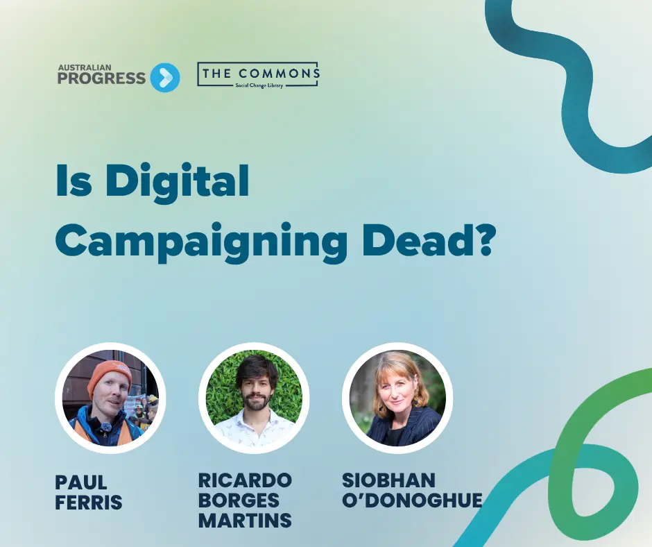 Is digital campaigning dead title text with photos of two males and a female along with their names being paul ferris ricardo borges martins and siobhan o'donogue