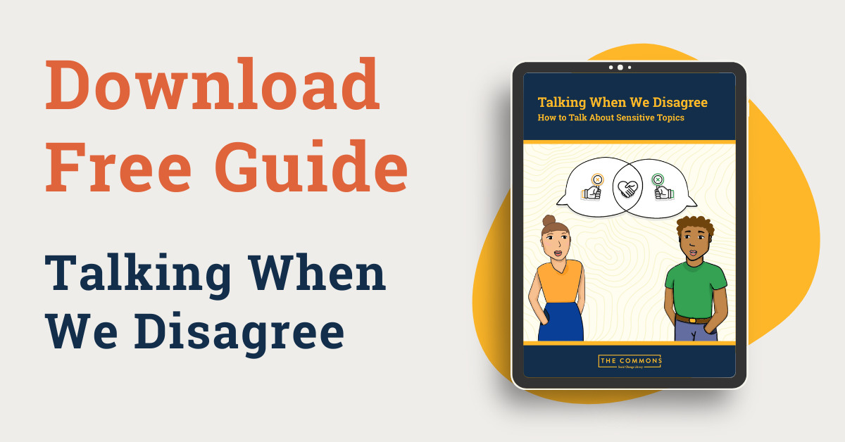 Title reads "Talking When We Disagree". Graphic of two people talking with speech bubbles.