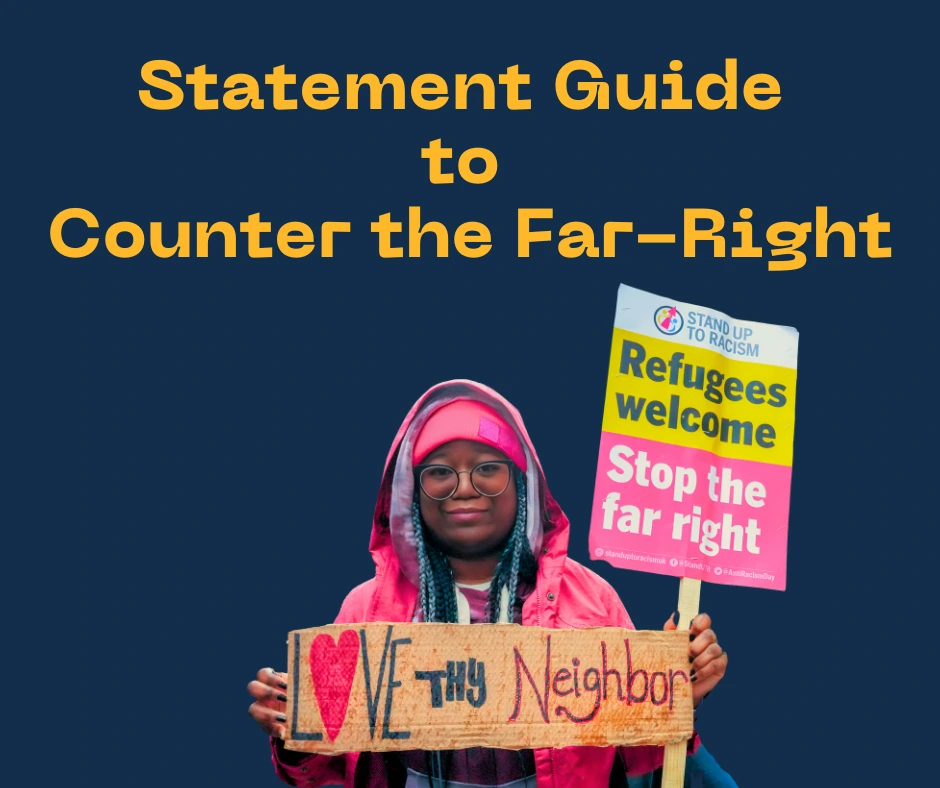 Graphic with photo and title. Title reads 'Statement Guide to Counter the Far-Right'. Photo of person with darker skin with hoodie and jacket on holding two signs. One reads 'Love thy neighbour'. The other reads 'Refugees welcome