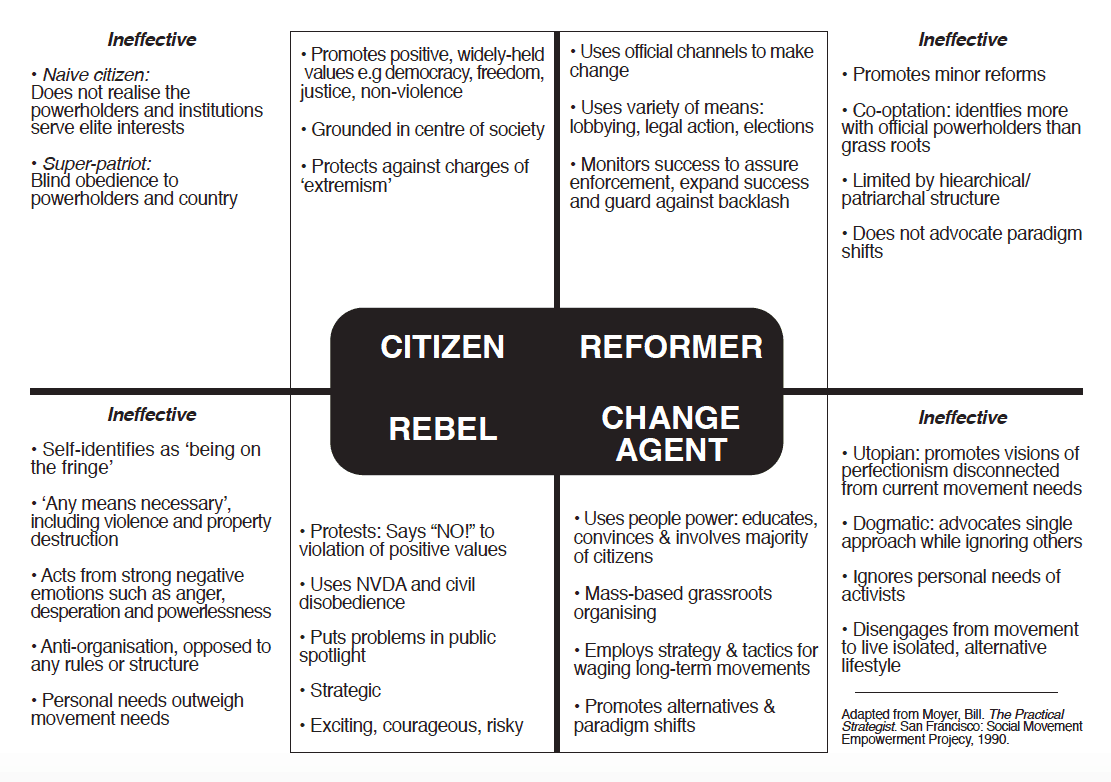 Diagram from Doing Democracy showing 4 roles of activists and the text that is included in this article.