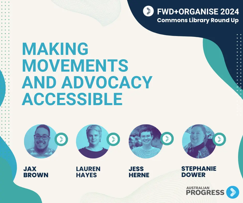 Text reads 'Making movements and advocacy accessible'. Four portrait head shots of 'Jax Brown