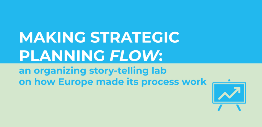 Presentation slide title cover. Text reads 'Making Strategic Planning Flow: An Organising Story-telling Lab on how Europe made its Process Work'. There is an icon of a whiteboard with an arrow pointing up.|Screenshot from presentation slides titled 'Making Strategic Planning Flow: An Organising Story-telling Lab on how Europe made its Process Work'.|Screenshot from presentation slides titled 'Making Strategic Planning Flow: An Organising Story-telling Lab on how Europe made its Process Work'. A diagram shows the Experiential cycle which is four arrows in a circle pointing to word. The words are Experience