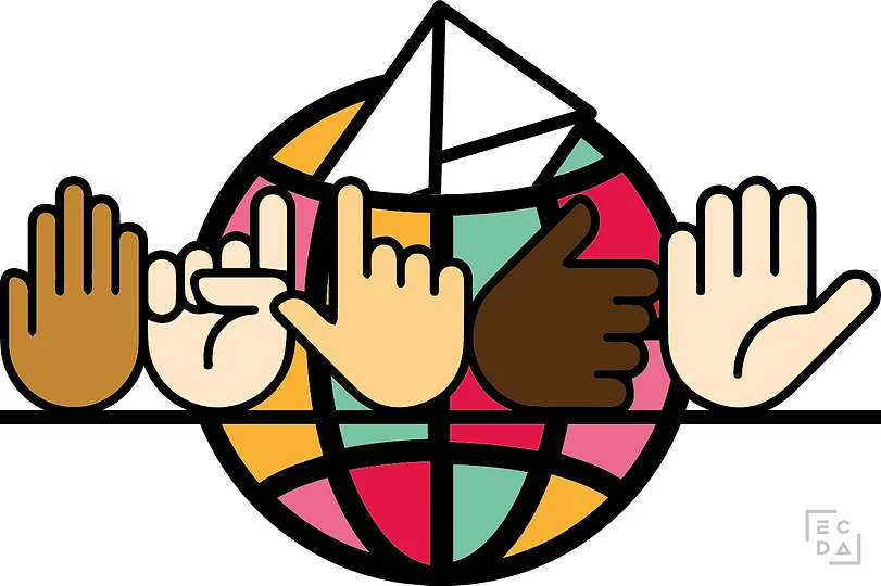 Illustration of four hands giving different hand signals. Behind the row of hands is an abstract colourful globe with a white envelope coming out the top.