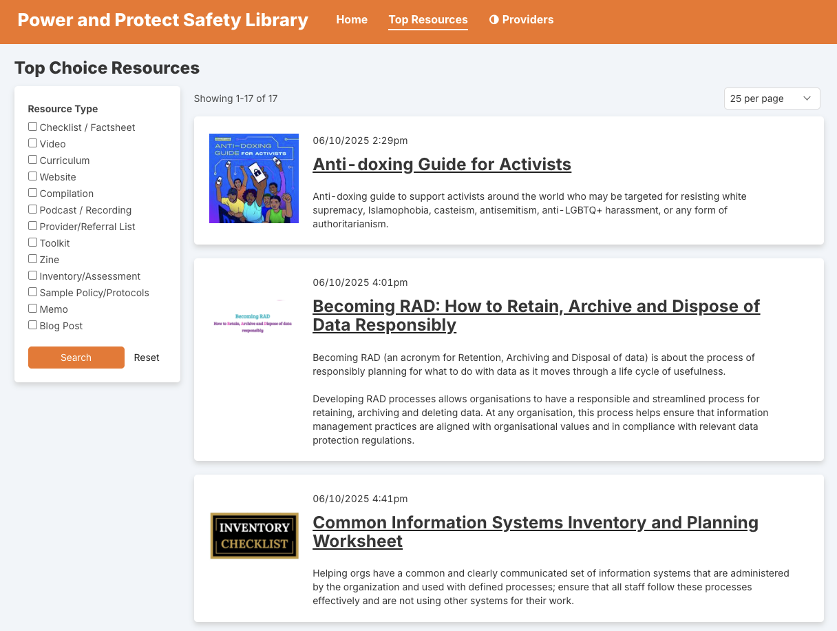 Screenshot of the 'Power and Protect Safety Library'. It is displaying a list of resources.