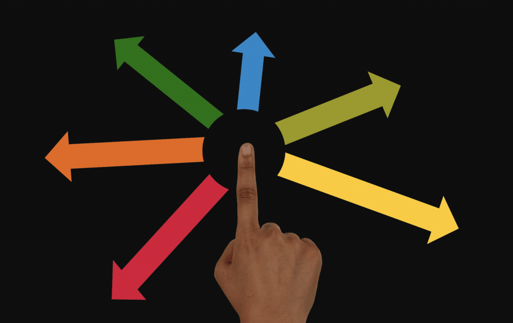 hand pointing with arrows heading off in different directions (symbolic of distribution)