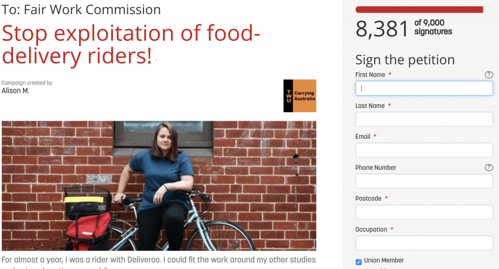 screenshot of online petition for food delivery workers