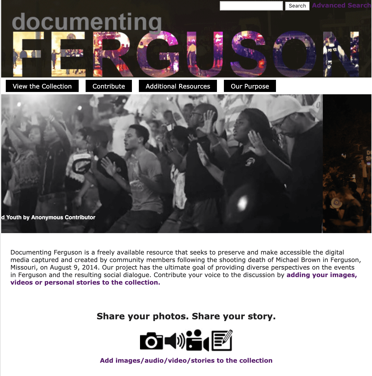 screenshot of Documenting Ferguson website - people at a protest