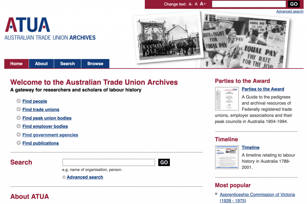 screenshot of Australian Trade Union Archives website front page