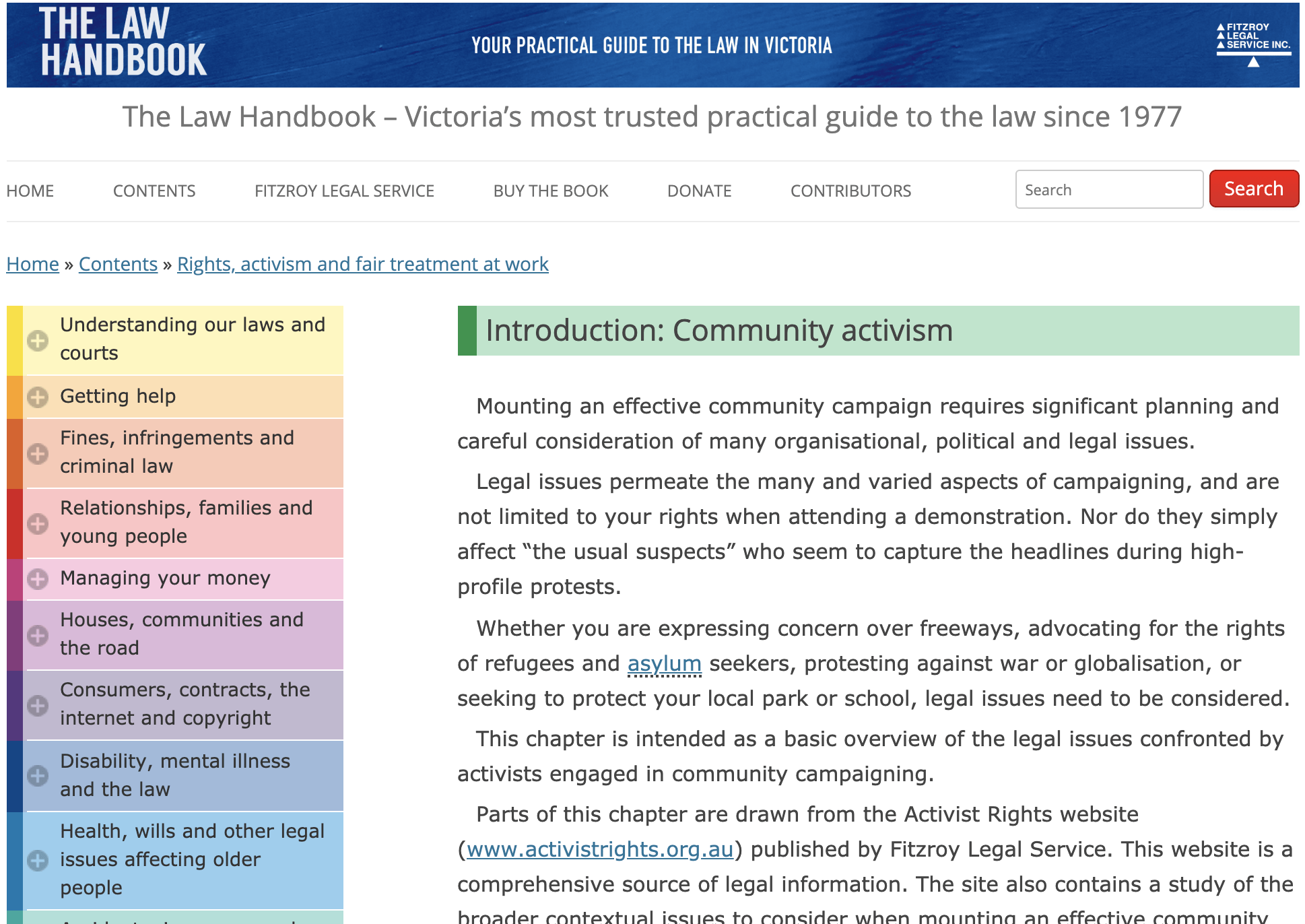 screenshot of website of The law handbook