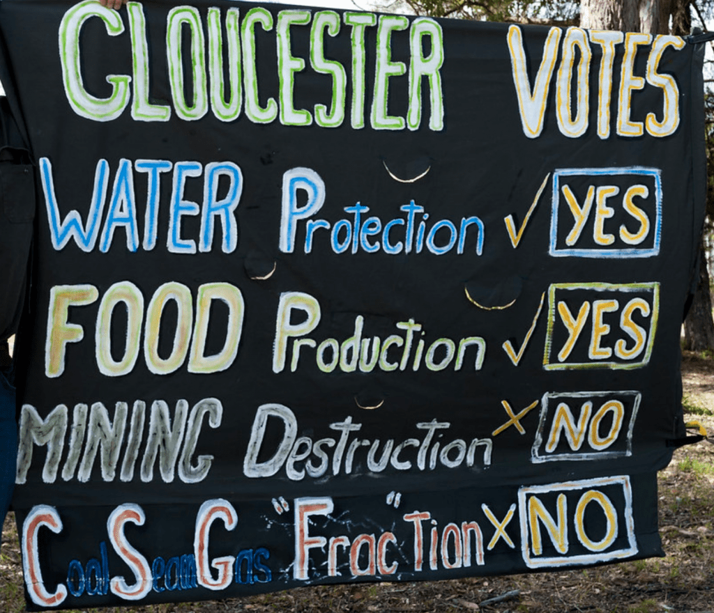 sign saying Gloucester votes for water and food protection but no for mining destruction and CSG fracking