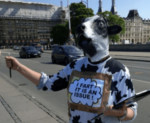 Person dressed up with cow and sign that says 'I fart it is an issue" holding a petition.