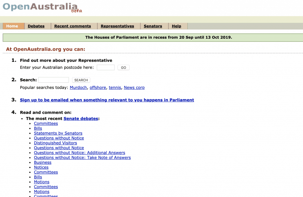 screenshot of the front page of the Openaustralia.org website