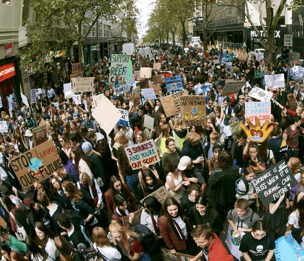 school students striking on Melbourne street in 2019