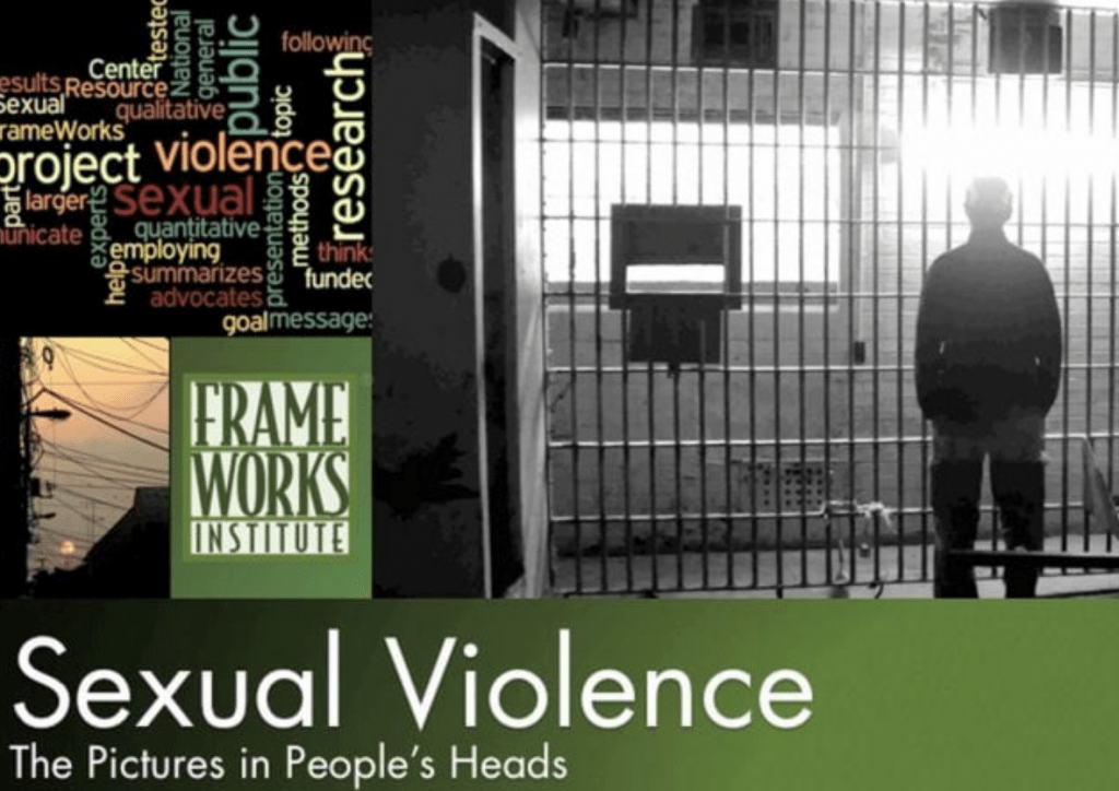 Screenshot of a video by the Frameworks Institute: Sexual Violence, The Pictures in People's Heads. Includes a word cloud on the left of the screen and a man standing behind bars on the right of the screen.