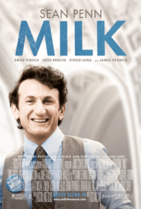an photo of Sean Penn who plays Harvey Milk in the movie titled Milk