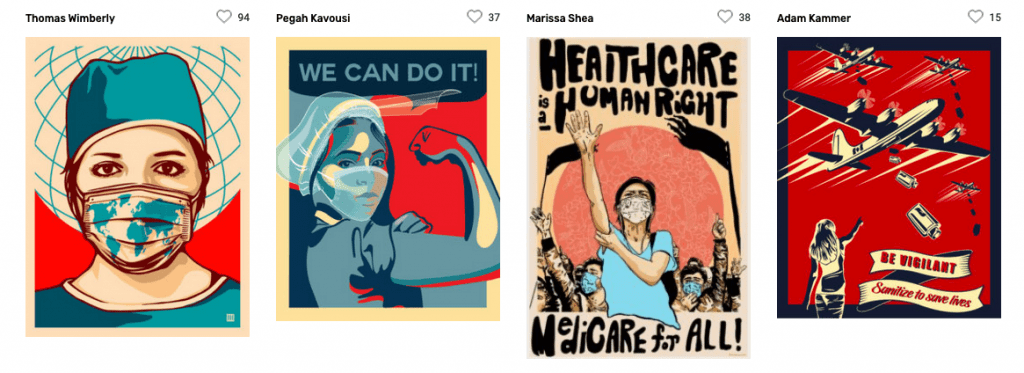 Screenshot showing four artworks related to Covid-19: A healthworker wearing a mask; A woman wearing a mask with a clenched fist and the text 'We Can Do It!, A group of people raising hands with 'Healthcare is a Human Right: Medicare for All', and a retro war style poster with planes flying overhead and the text 'Be vigilant - Sanitize to save lives'.'